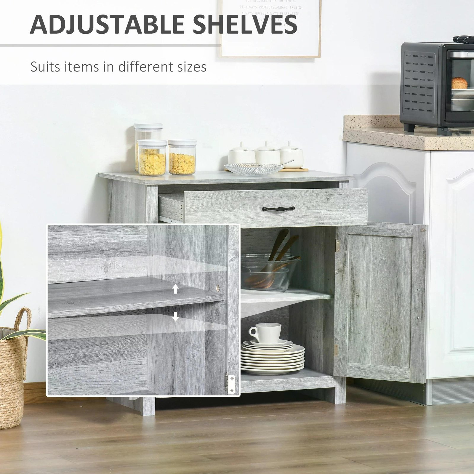 HOMCOM Farmhouse Barn Door Sideboard Storage Cabinet Coffee Bar for LIVING Room Grey Grain - Image 5