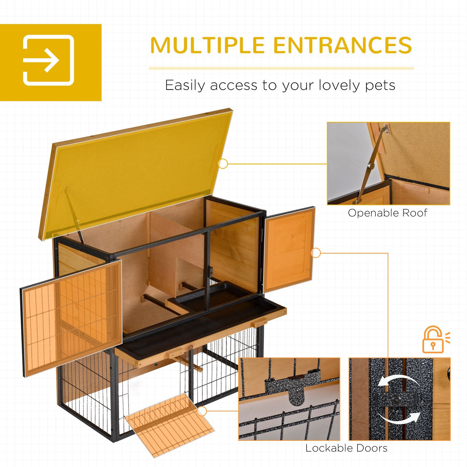 PawHut Guinea Pig Hutch Rabbit Hutch Wood-metal Elevated Pet House Bunny Cage with No-Leak Tray Ramp Openable Roof Outdoor 89.5 x 45 x 81cm Light Yellow - Image 5