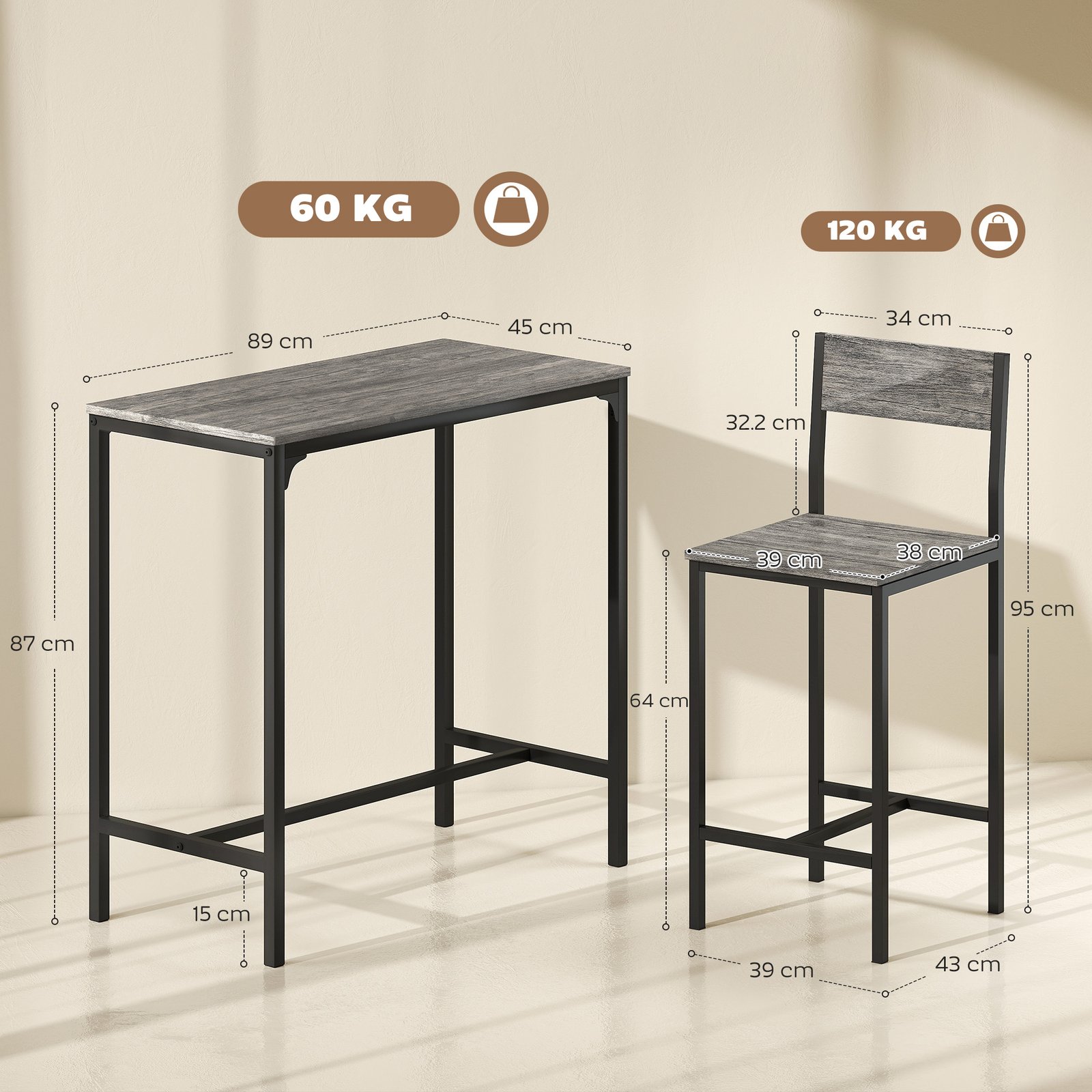 HOMCOM 3-Piece Bar Table Set with 2 Stools, Industrial Breakfast Bar Set with Footrest, Backrest for Dining Room, Small Space - Image 3