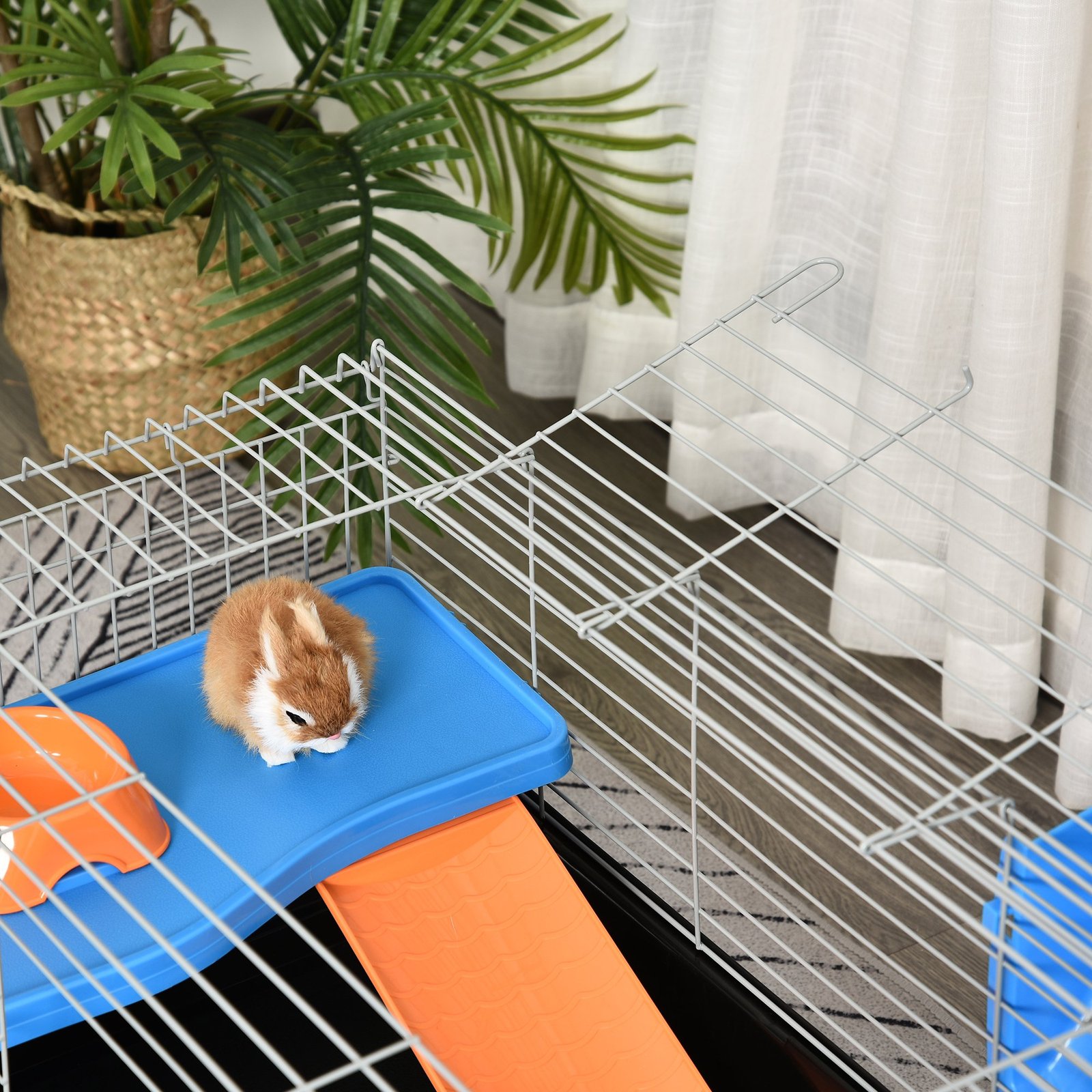 PawHut Steel Small 2-Tier Small Guinea Pigs Hutches w/ Accessories Blue/Orange - Image 4