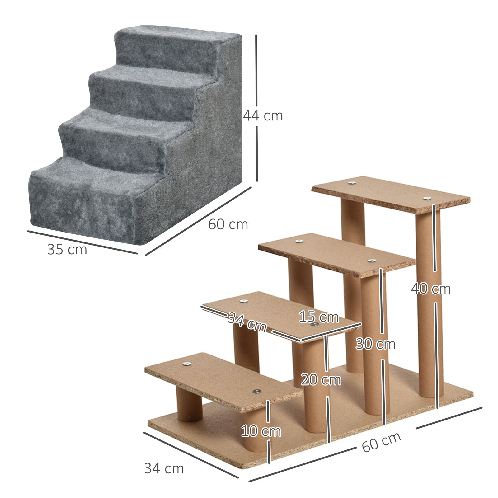PawHut Four-Step Dog Stairs, with Washable Plush Cover, for High Bed Sofa, Dog Stairs for Small Dog and Cat - Light Grey - Image 3