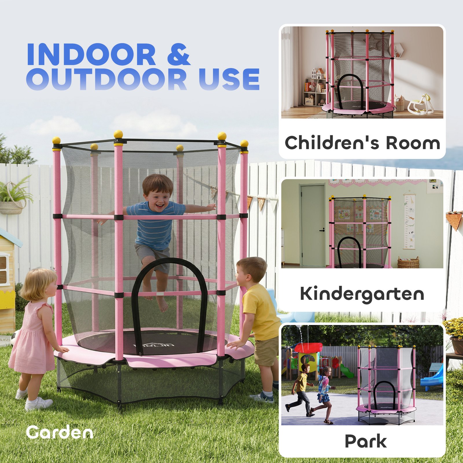 HOMCOM 4.6FT/55" Kids Trampoline with Enclosure Net, Outdoor Indoor Use, for Ages 3-10 Years, Pink - Image 9