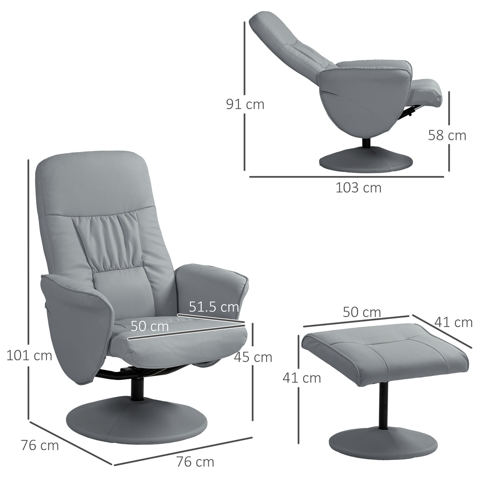 HOMCOM Swivel Recliner Chair with Footstool, PU Leather Armchair and Ottoman with High Back and Round Base for Living Room, Light Grey - Image 3
