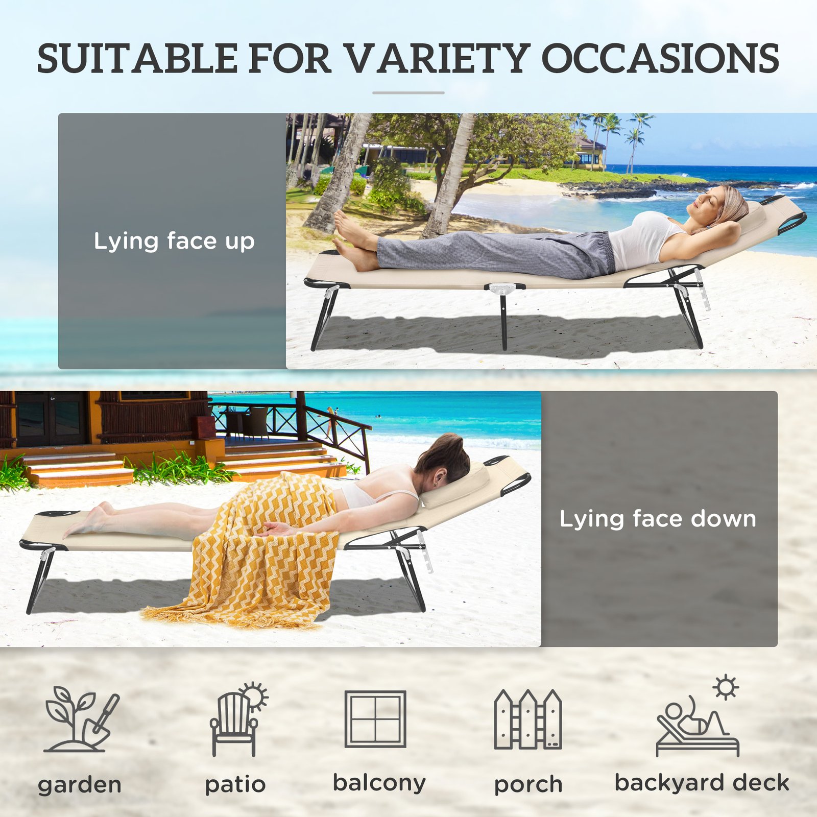 Outsunny Folding Sun Lounger with Face Hole, 4-Position Adjustable Backrest Garden Recliner Chair Sunbed, Outdoor Lounge Chair with 600 D Oxford Cloth Seat, Pillow for Beach, Beige - Image 5