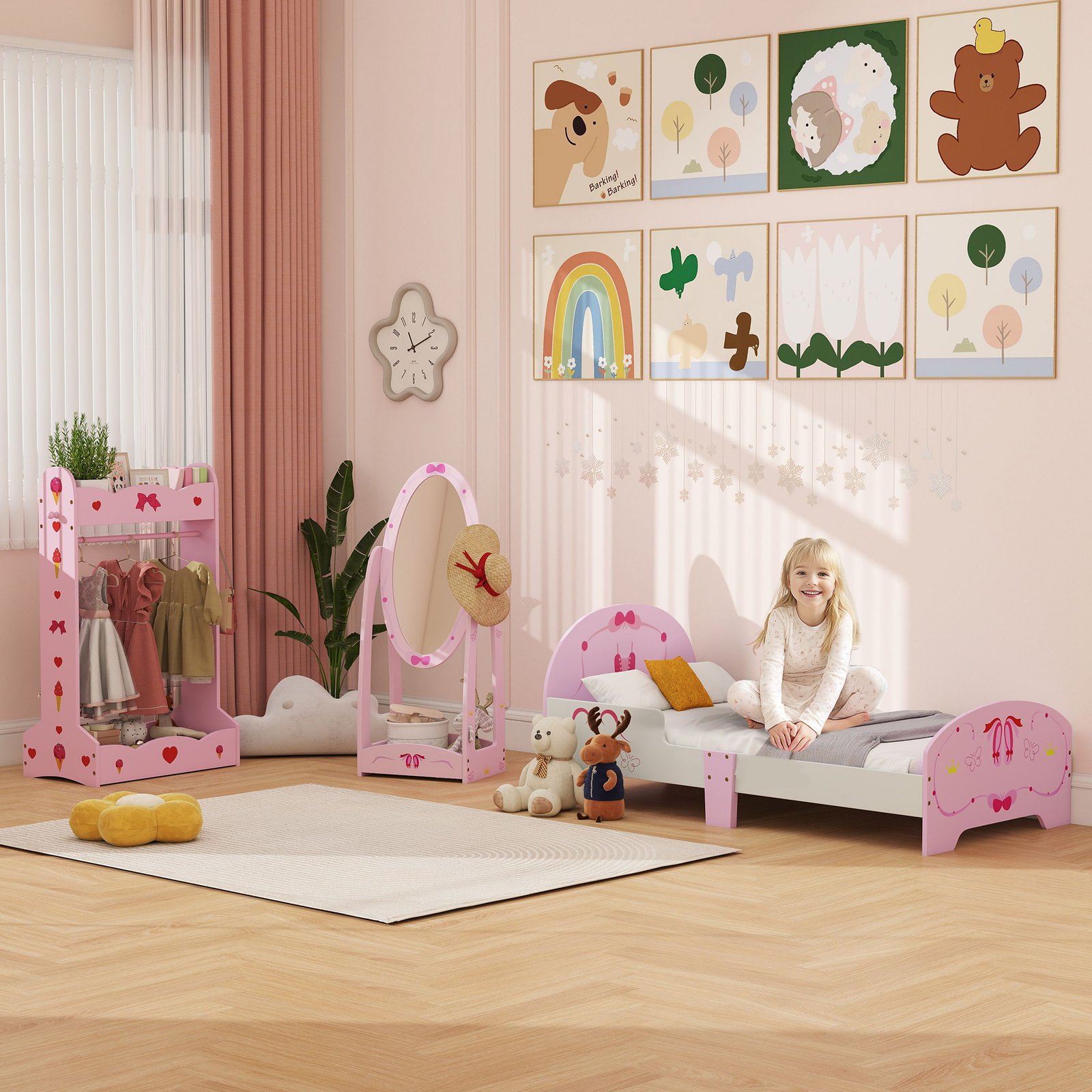 AIYAPLAY Kids Bed with Safety Rails, Kids Clothes Rail, Kids Full Length Mirror, 3 Piece Kids Furniture Set for Bedroom, Pink - Image 2