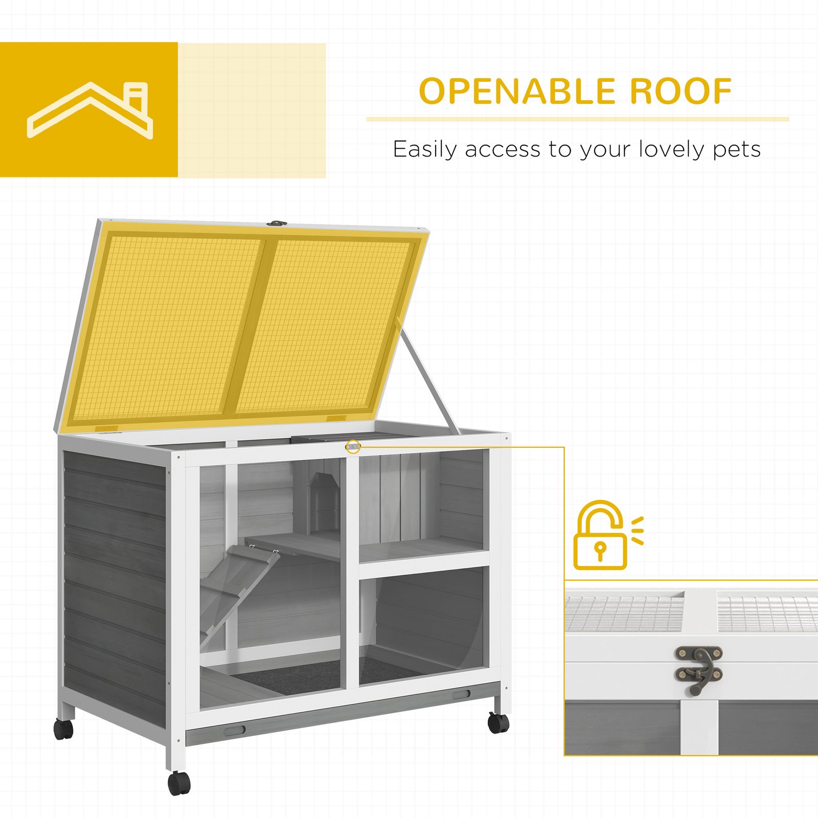 PawHut Wooden Rabbit Hutch Indoor with Wheels, Openable Roof, 91.5 x 53.3 x 73 cm, Grey - Image 5