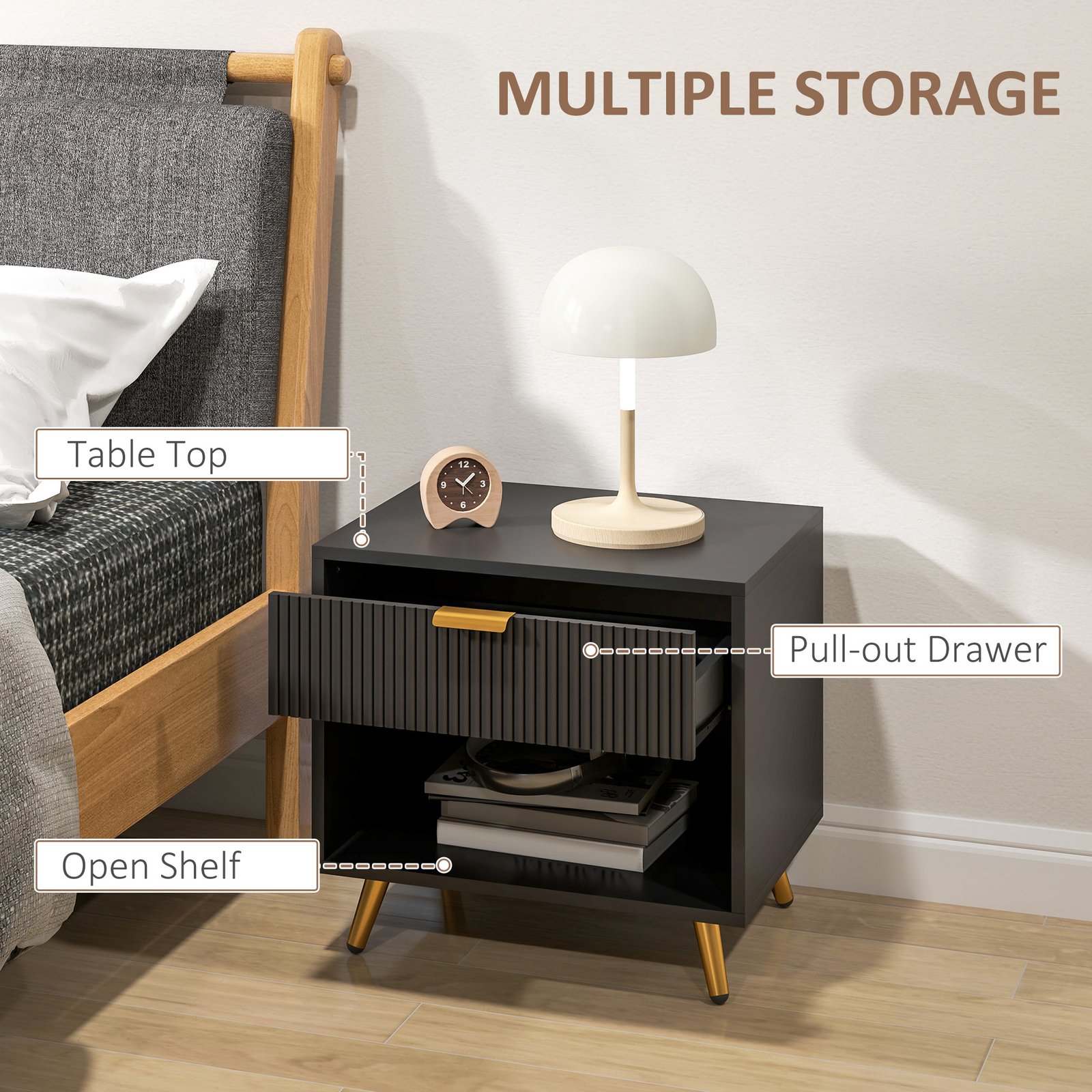 HOMCOM Elegant Bedside Table, with Drawer and Shelf - Black/Gold Tone - Image 5