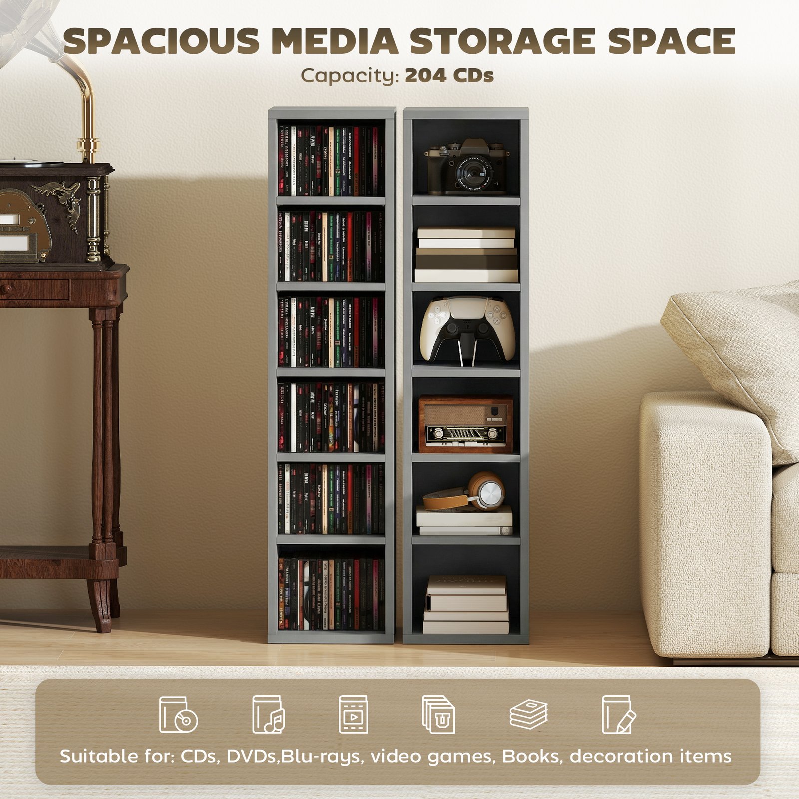 HOMCOM Set of 2 CD Media Display Shelf Unit Tower Rack with Adjustable Shelves, Light Grey - Image 4