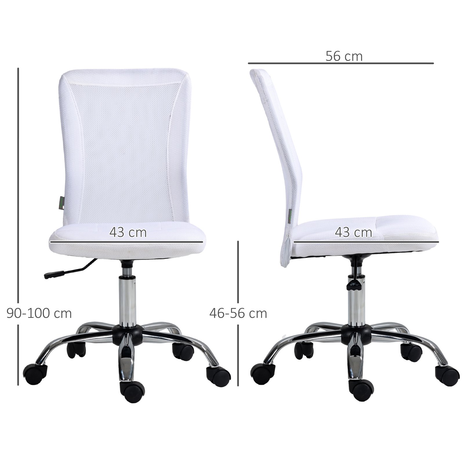 Vinsetto Computer Desk Chair, Mesh Office Chair with Adjustable Height and Swivel Wheels, Armless Study Chair, White - Image 3