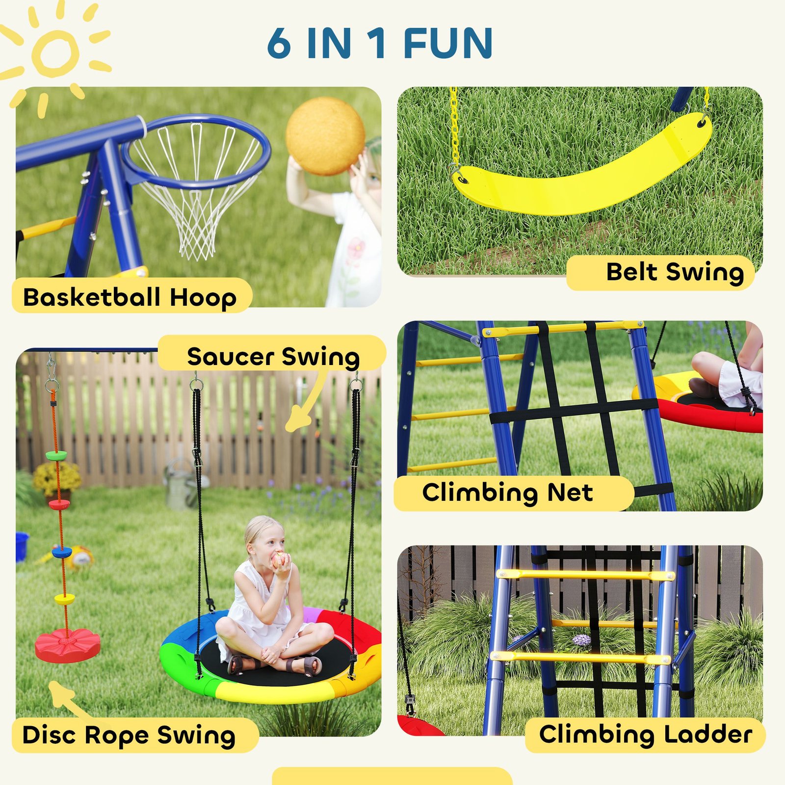AIYAPLAY 6 in 1 Metal Kids Swing Set with 3 Swings, Climbing Ladder & Net, Basketball Hoop, for Ages 3-8 - Image 4