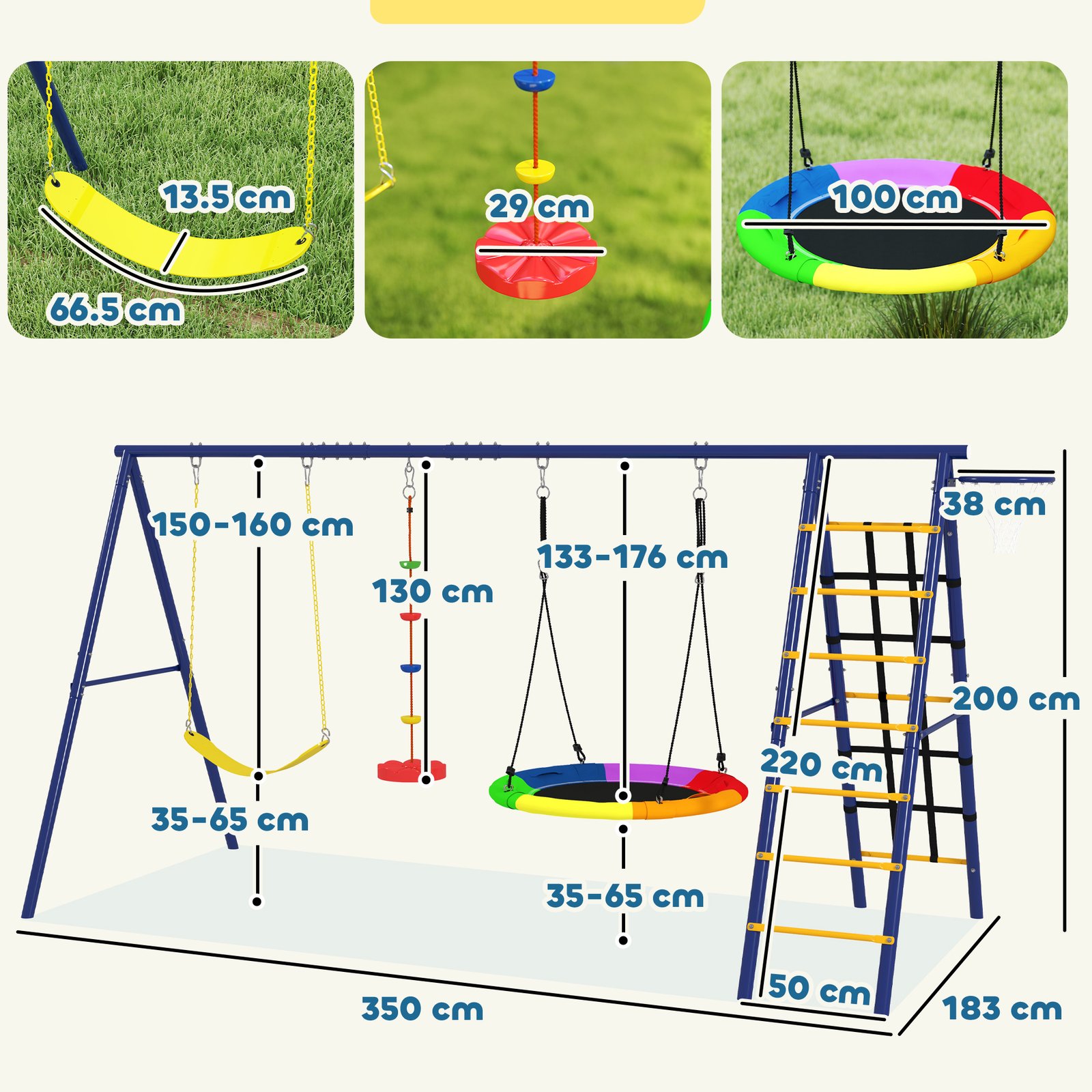 AIYAPLAY 6 in 1 Metal Kids Swing Set with 3 Swings, Climbing Ladder & Net, Basketball Hoop, for Ages 3-8 - Image 3