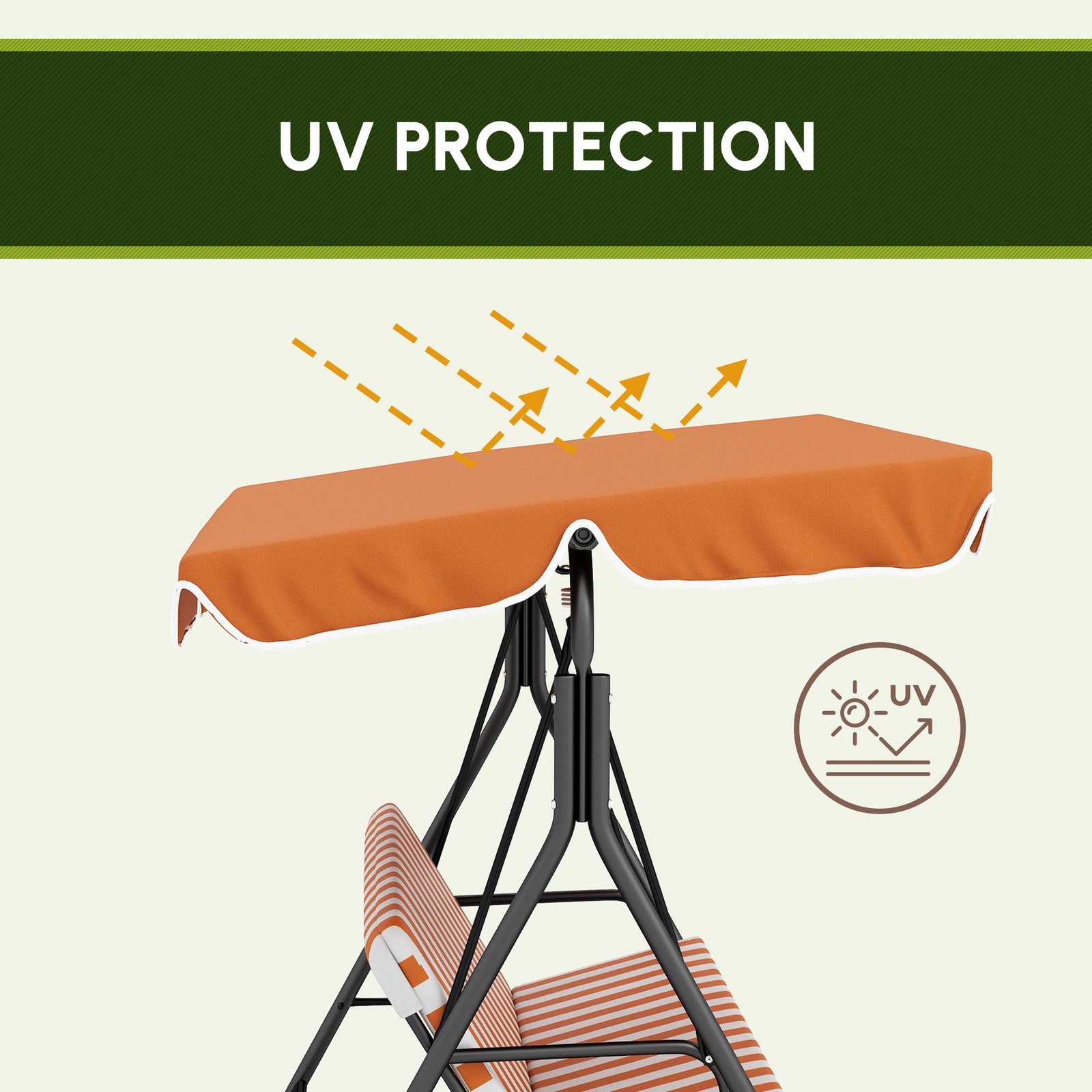 Outsunny 3 Seater Garden Swing Chair, Outdoor Swing Chair with Adjustable Canopy, Mental Frame & Cushions, Orange - Image 8