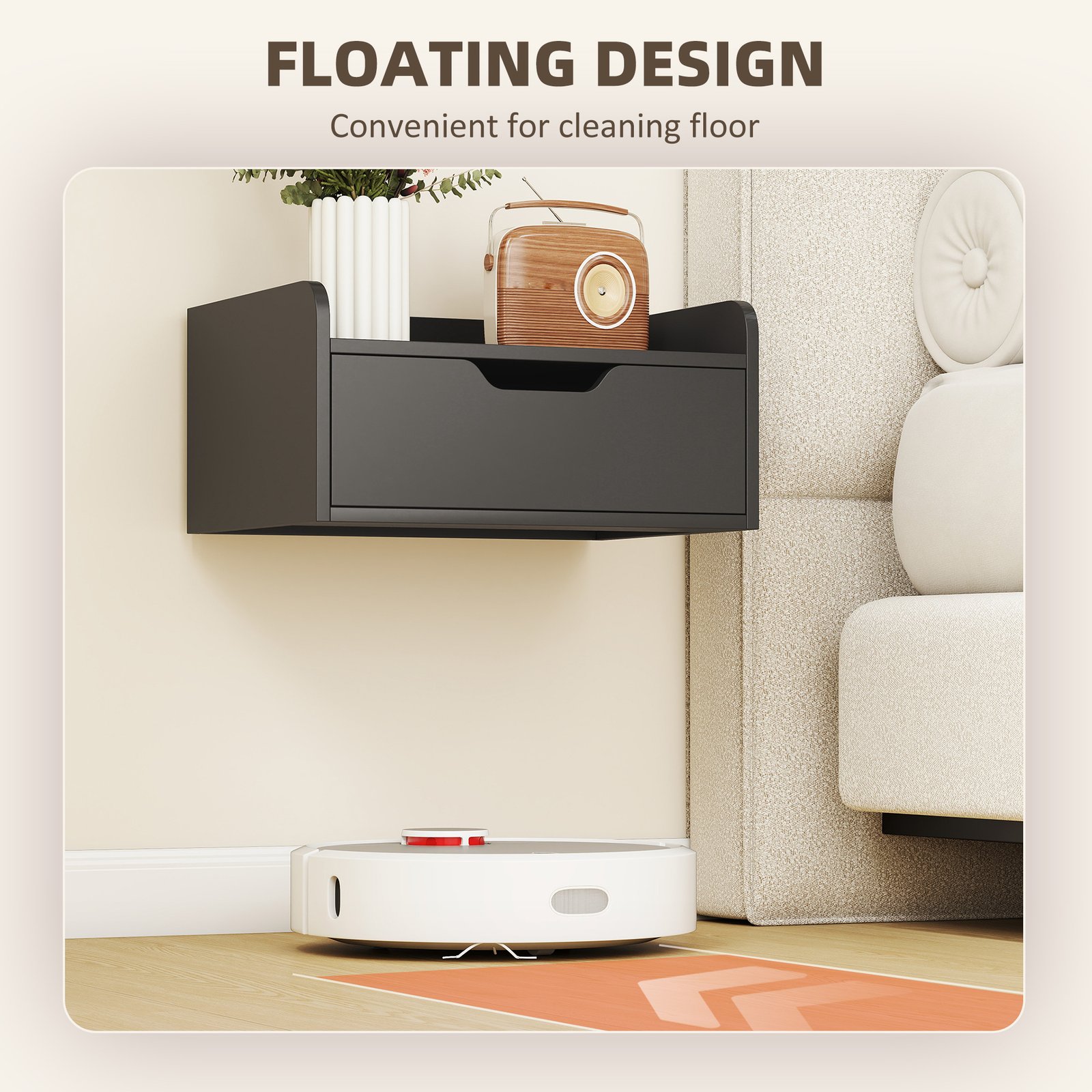 HOMCOM Floating Nightstands Set of 2, Wall Mounted Bedside Table with Drawer for Bedroom, Black - Image 5