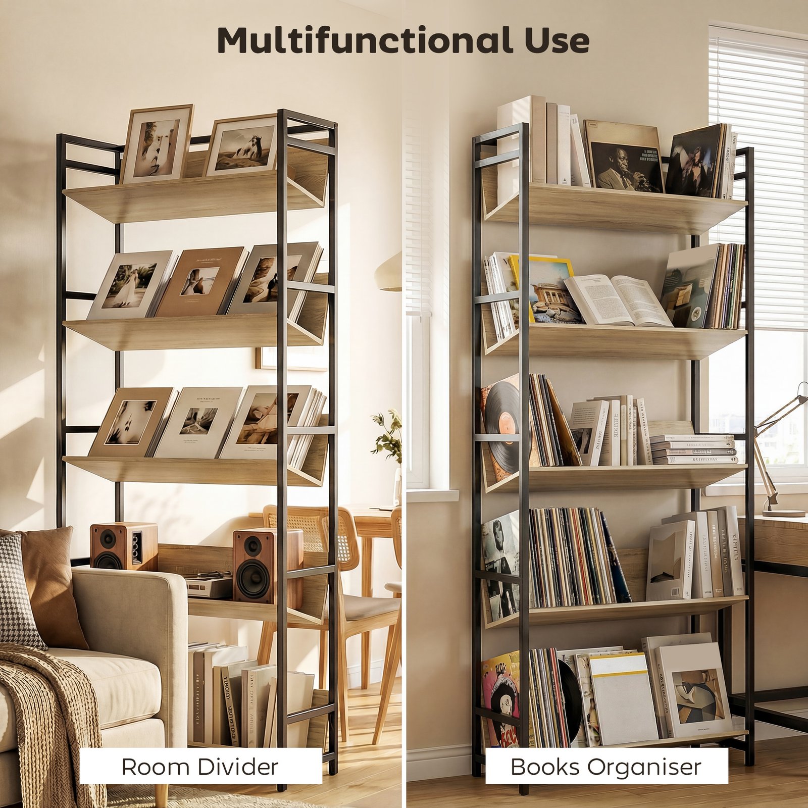 HOMCOM Bookshelf 5-Tier Metal Frame Bookcase Storage Shelves for Living Room Oak - Image 4