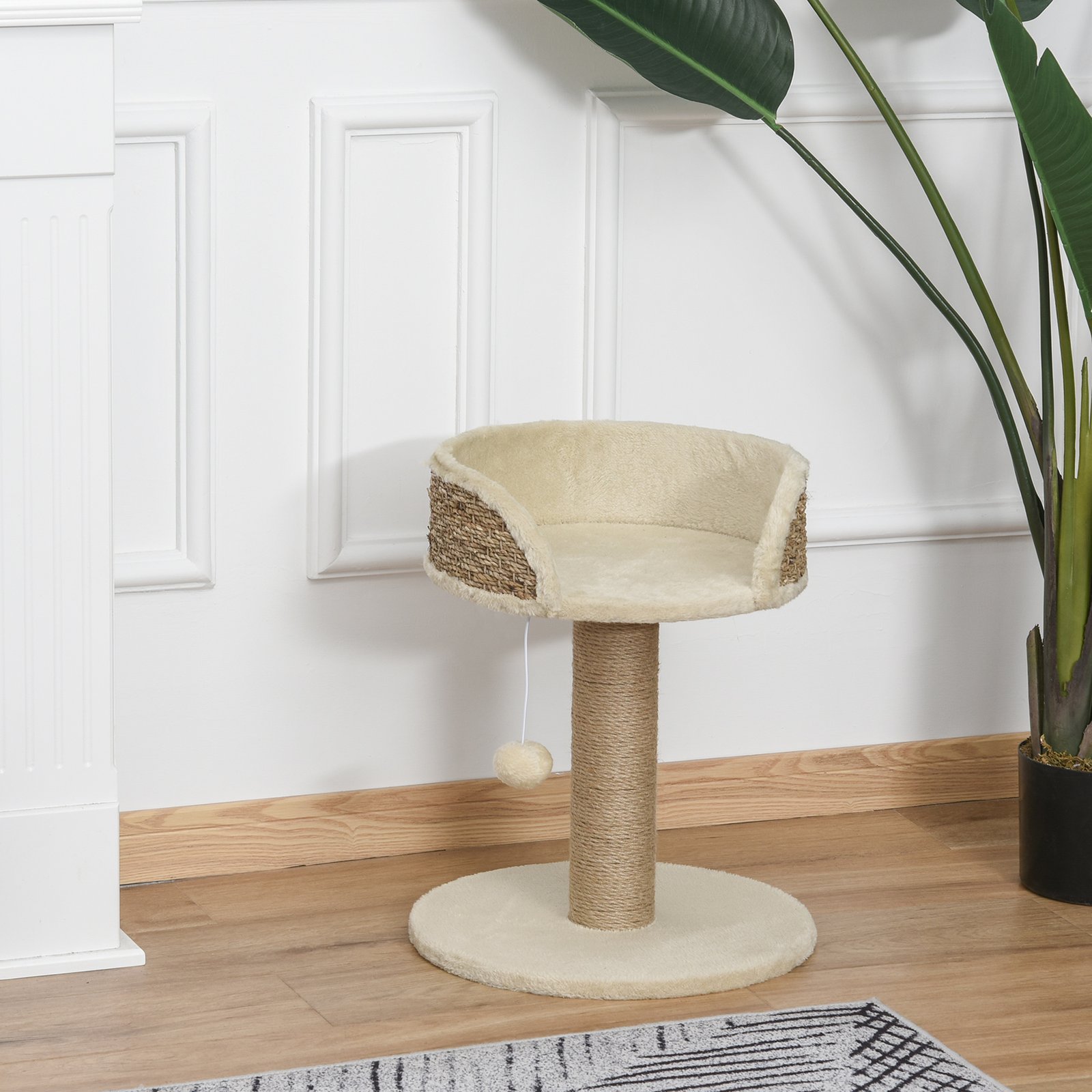 PawHut Cat Tree Cat Scratching Post for Indoor Cats Kitten Play Tower Activity Centre Climbing Stand with Dangling Ball Beige - Image 2