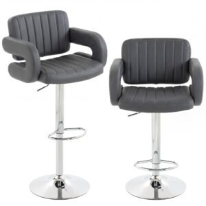 HOMCOM Bar Stools Adjustable Swivel Kitchen Chairs with Backrest Armrest Set of 2 PU Leather Grey