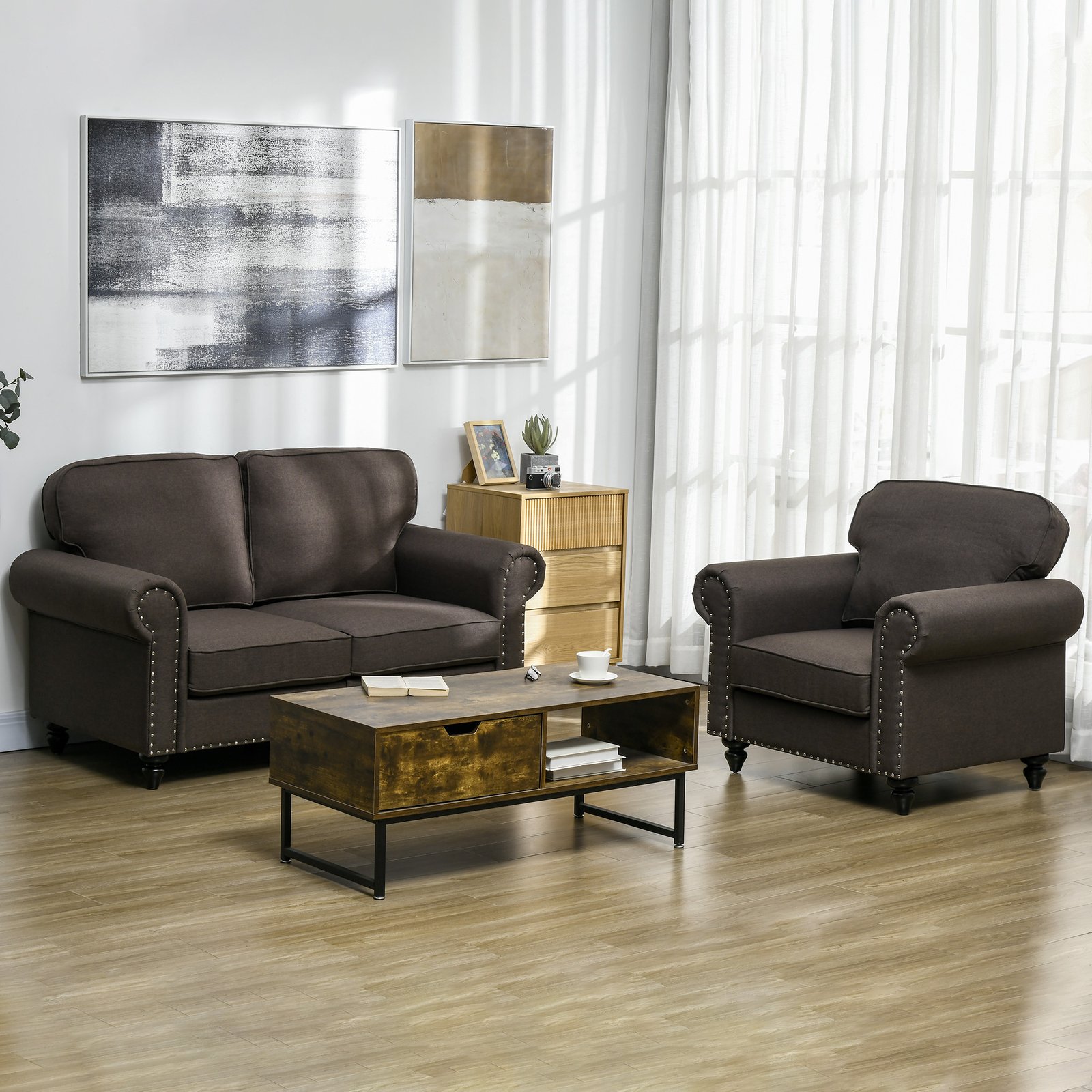 HOMCOM Two-Seater Mid-Century Sofa, with Pocket Springs - Dark Brown - Image 7