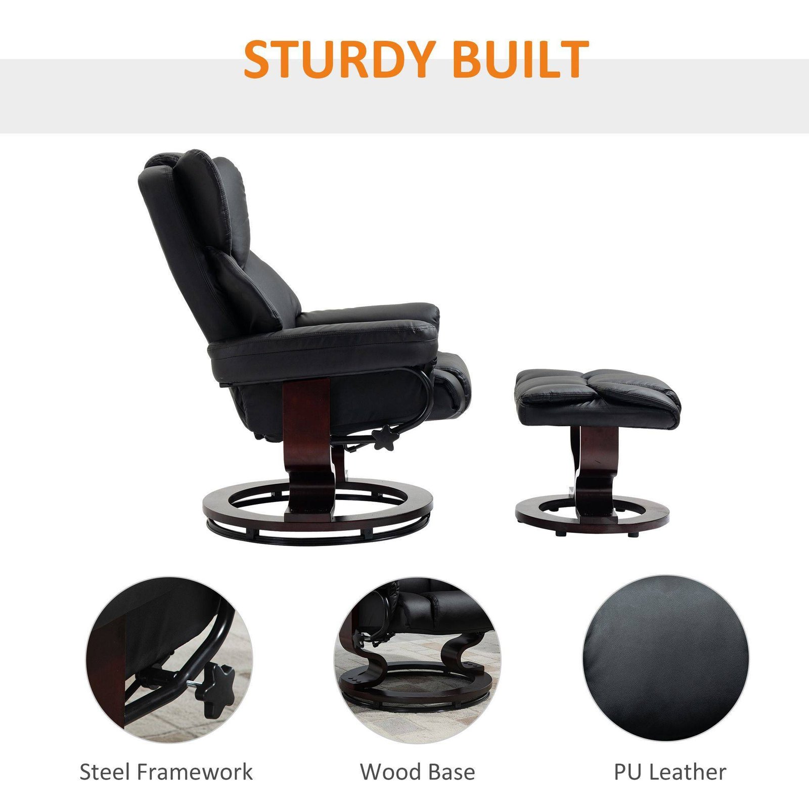 HOMCOM 360° Swivel Recliner Chair with Footstool, PU Leather Manual Recliner Armchair with Footstool, Solid Wood Base, Upholstered Reclining Chair for Living Room, Bedroom, Office, Black - Image 5