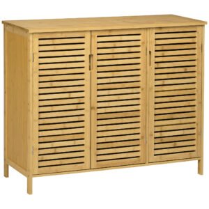 HOMCOM Rustic Shoe Cabinet, 3 Door Shoe Storage Cabinet with 8 Shelves, Natural Wood Finish
