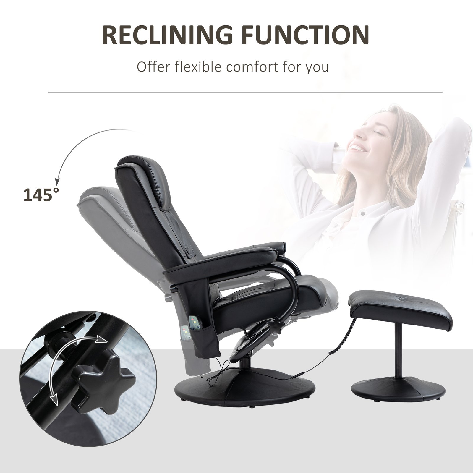 HOMCOM Swivel Recliner Chair and Footstool, Faux Leather Massage Recliner Armchair with Remote Control and Round Wrapped Base, Black - Image 5