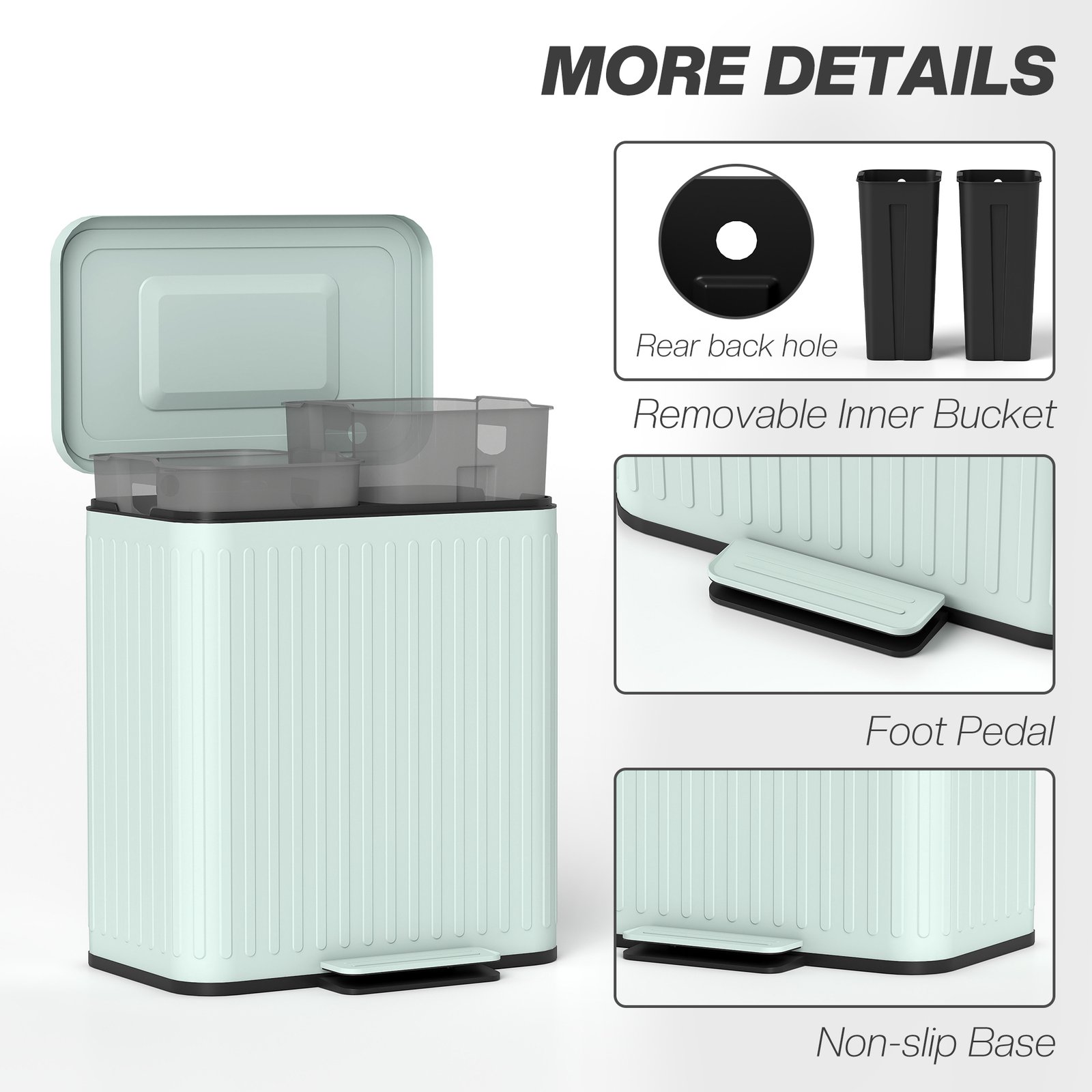 HOMCOM Dual Kitchen Bin, 2 x 20L Double Bin for Recycling and Waste, Fingerprint-proof Pedal Bin with Soft-Close Lid, Removable Inner Buckets, Green - Image 7