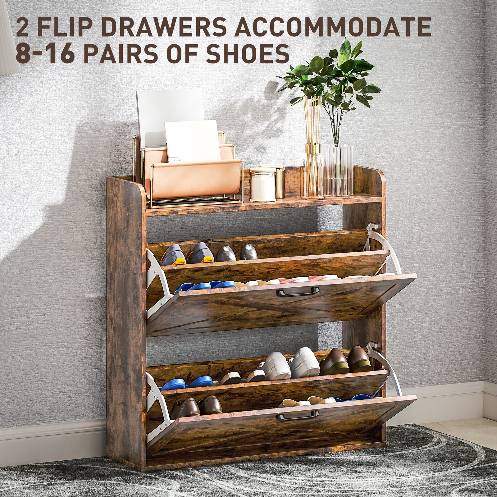 HOMCOM Two Flip Drawer Narrow Shoe Cabinet with Adjustable Shelves - Rustic Brown - Image 4