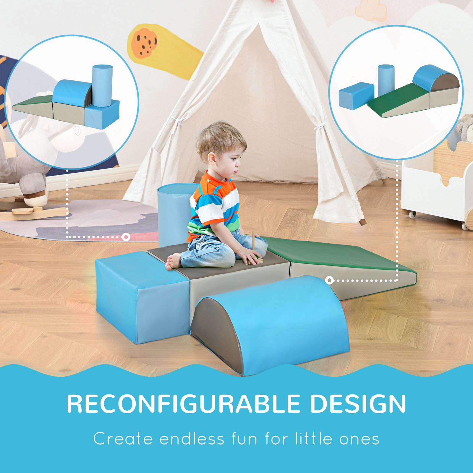 HOMCOM 5 Piece Kids Soft Play Set, Climb and Crawl Activity Toys Set for Baby Toddler, Soft Foam Blocks Indoor Play Equipment Learning Toys Blue - Image 5