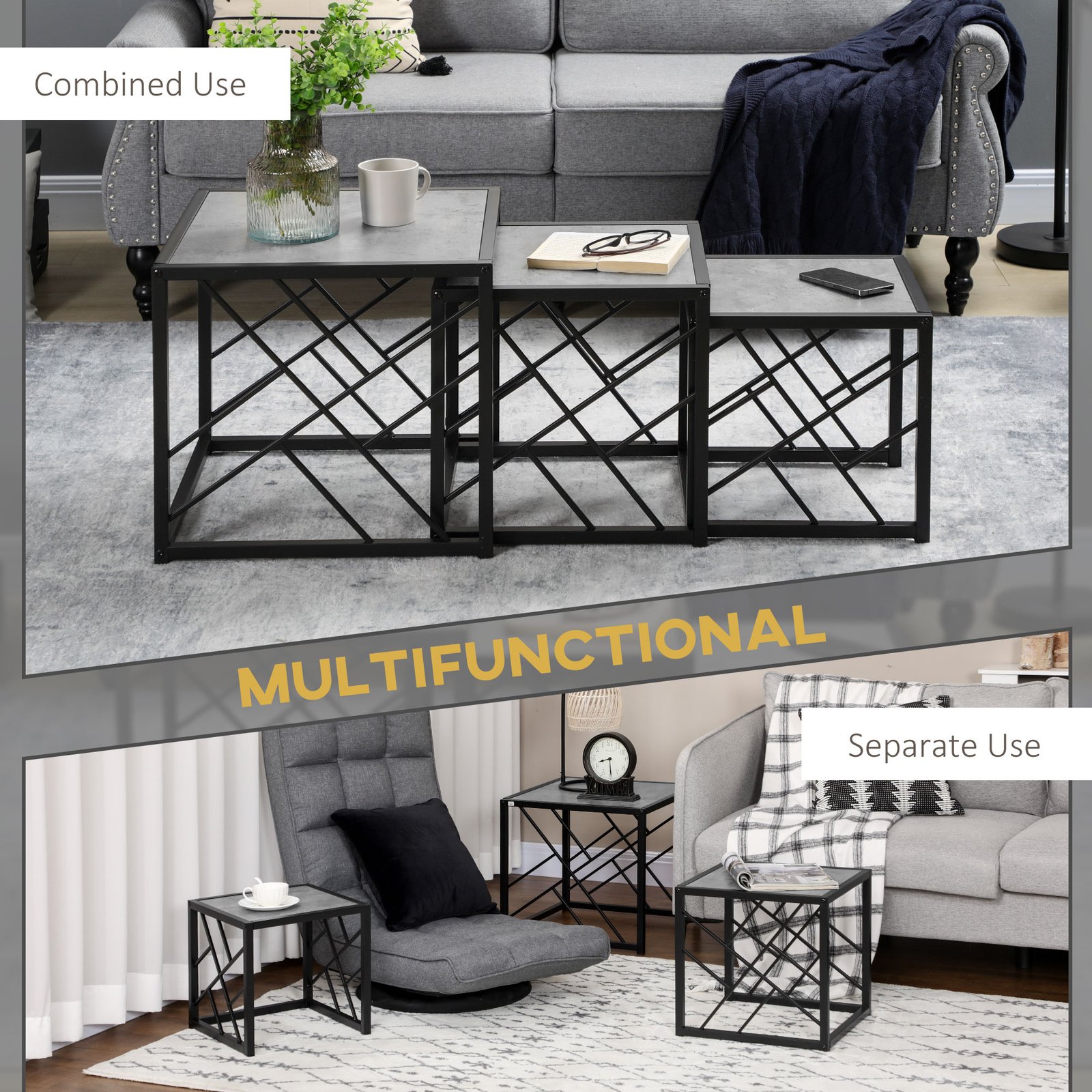 HOMCOM Nesting Coffee Tables, Set of 3 Square Side Tables with Black Metal Frame, for Living Room, Bedroom and Office, Grey - Image 6