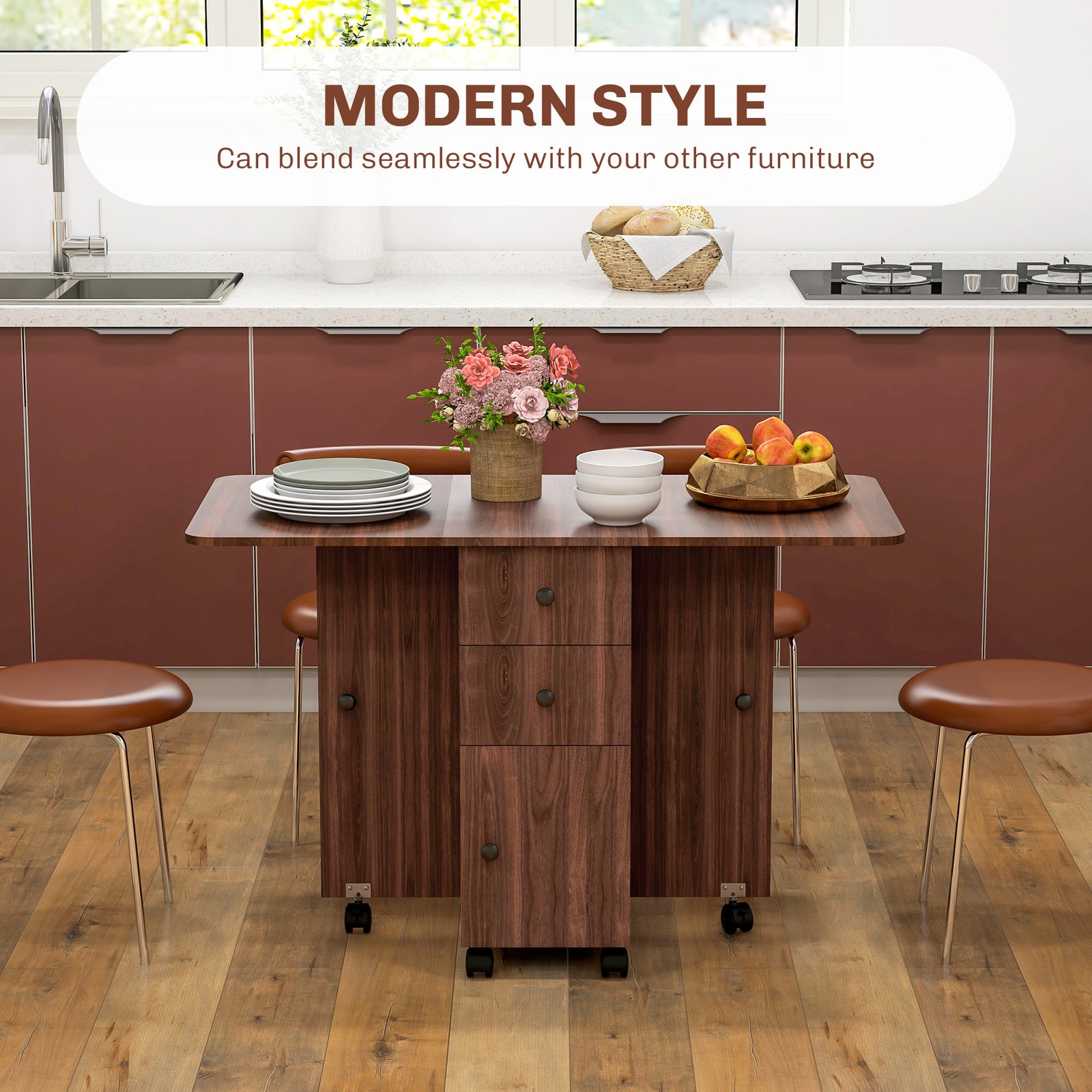 HOMCOM Multi-Storage Six-Person Drop Leaf Dining Table - Distressed Brown - Image 4