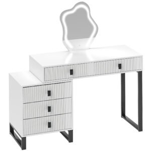 HOMCOM Dressing Table, Vanity Desk with Leaf Shape Mirror, Makeup Table with 5 Drawers, 3-Colour LED Lights, 100x40cm Tabletop, White