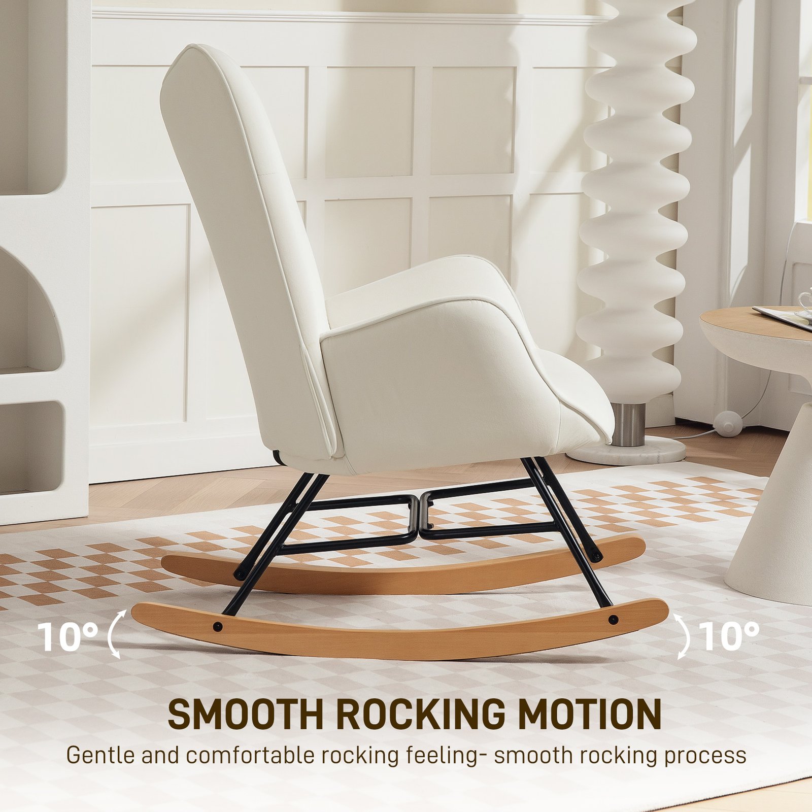 HOMCOM Rocking Chair, Modern Upholstered Velvet Armchair with Solid Wood Legs and Metal Frame for Living Room, Bedroom, Cream - Image 5