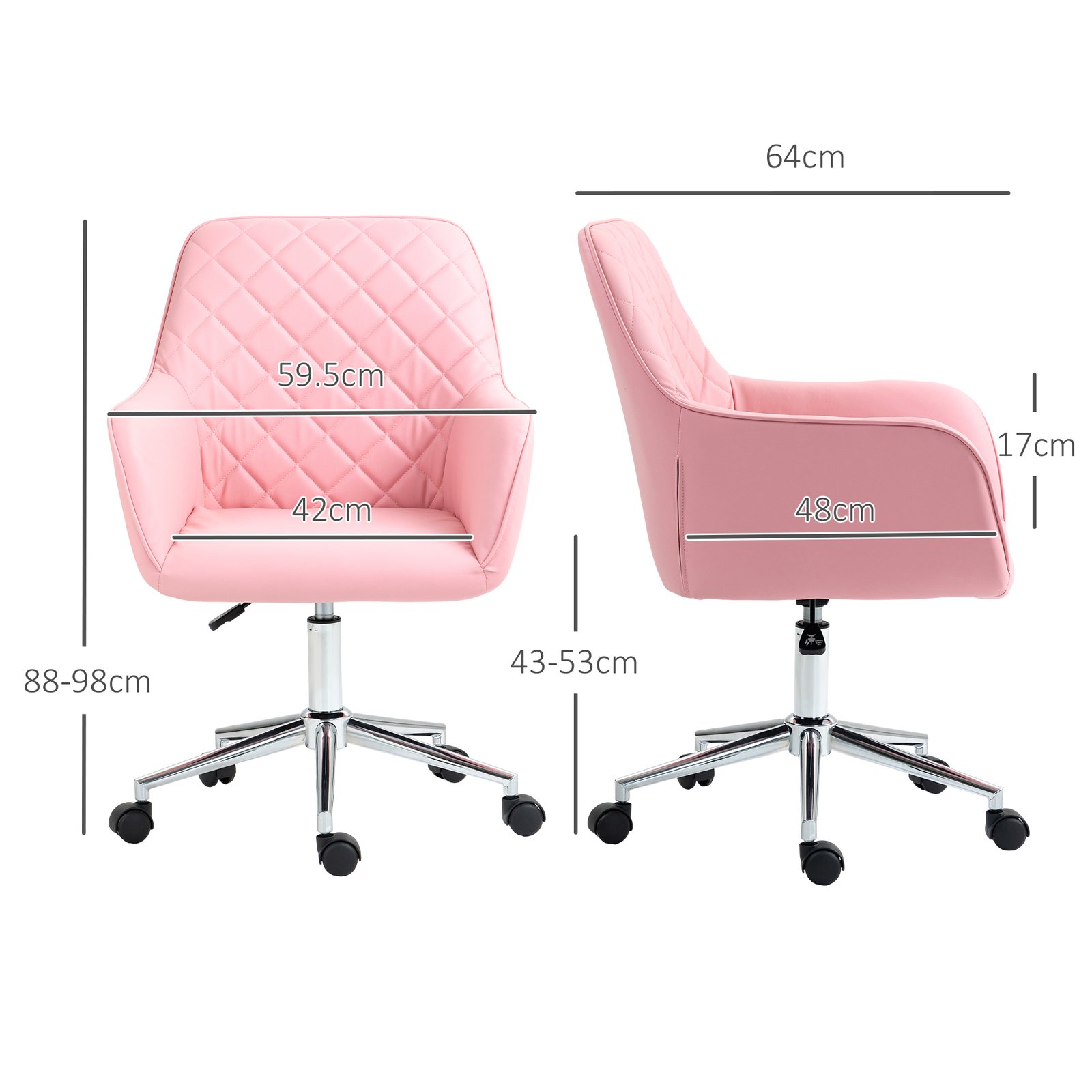 Vinsetto Office Desk Chair, Leather-Feel Fabric Computer Swivel Chair with Rolling Wheels and Adjustable Height for Home, Pink - Image 3