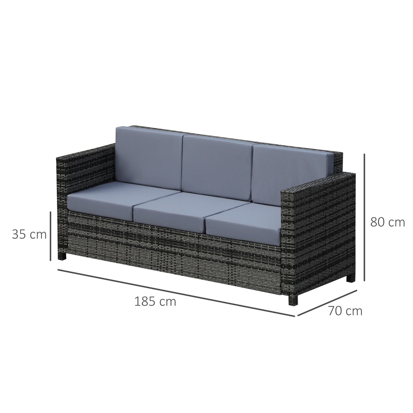 Outsunny 3 Seater All Weather Outdoor Sofa, Garden Rattan Sofa with Cushions and Mental Frame, Grey - Image 3