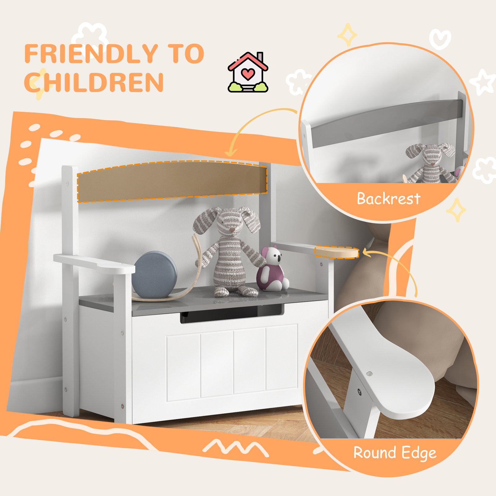 AIYAPLAY 2-in-1 Toy Box for Kids with Lid for Bedroom, Nursery, Playroom, Grey - Image 5