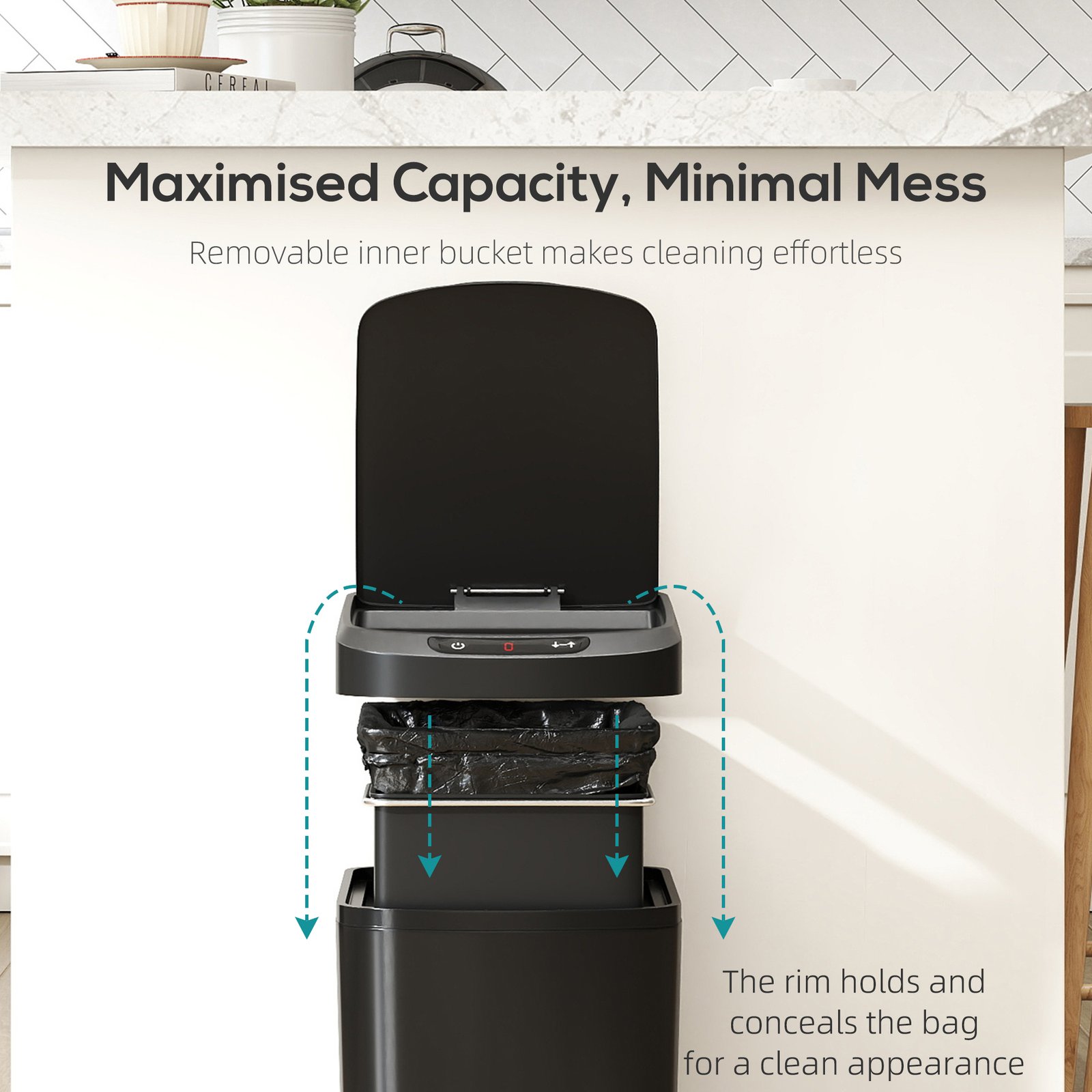 HOMCOM 12L Sensor Bin, Automatic Touchless Motion Sensor Kitchen Bin with Fingerprint Resistant Stainless Steel, Black - Image 6