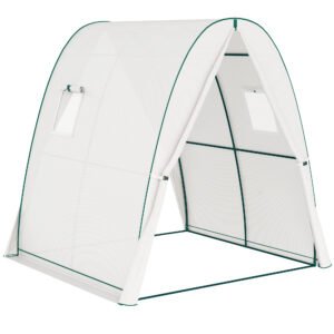 Outsunny Polytunnel Greenhouse with Sandbags, Walk-In Tunnel Green House with 2 Doors and Screen Windows, 1.8 x 1.8 x 2m, White