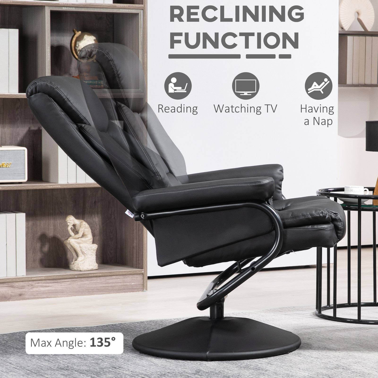 HOMCOM Swivel Recliner Chair with Footstool, PU Leather Recliner Armchair with Ottoman, Steel Base, Upholstered Reclining Chair for Living Room, Bedroom, Office, Black - Image 4
