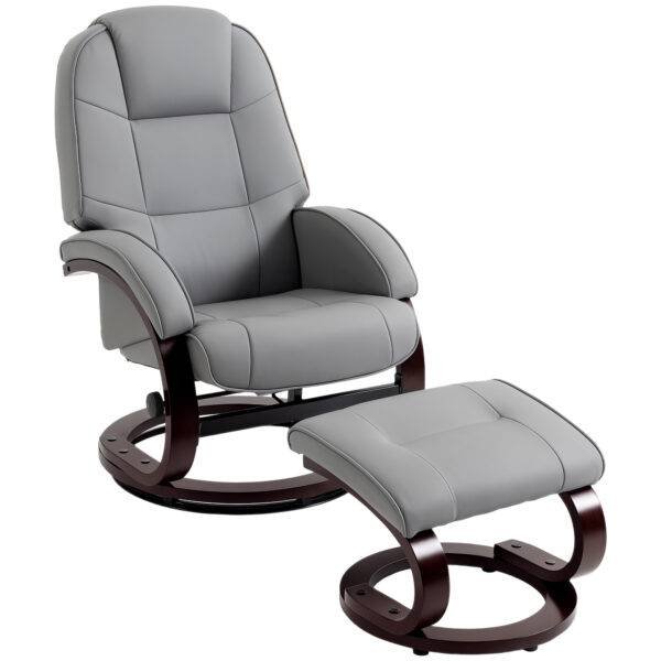 HOMCOM Swivel Recliner Chair with Footstool, PU Leather Recliner Armchair with Adjustable Back and Wood Frame, Grey
