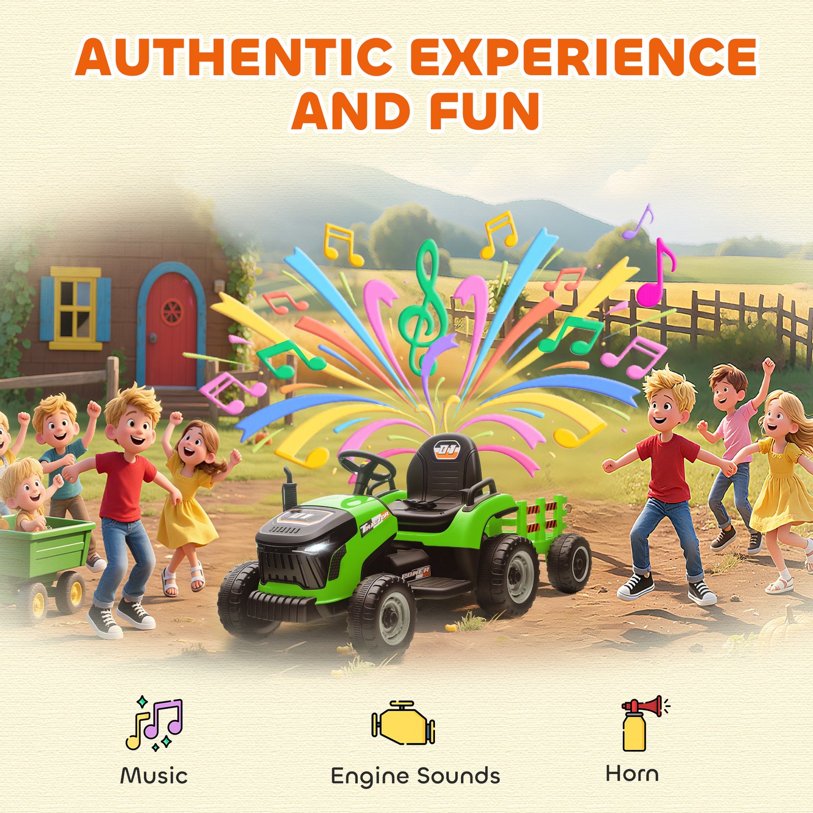 AIYAPLAY 12V Ride on Tractor and Trailer with Remote Control, Music, Shifter, Start-Up Sound, for Kids Ages 3-8 Years, Green - Image 8