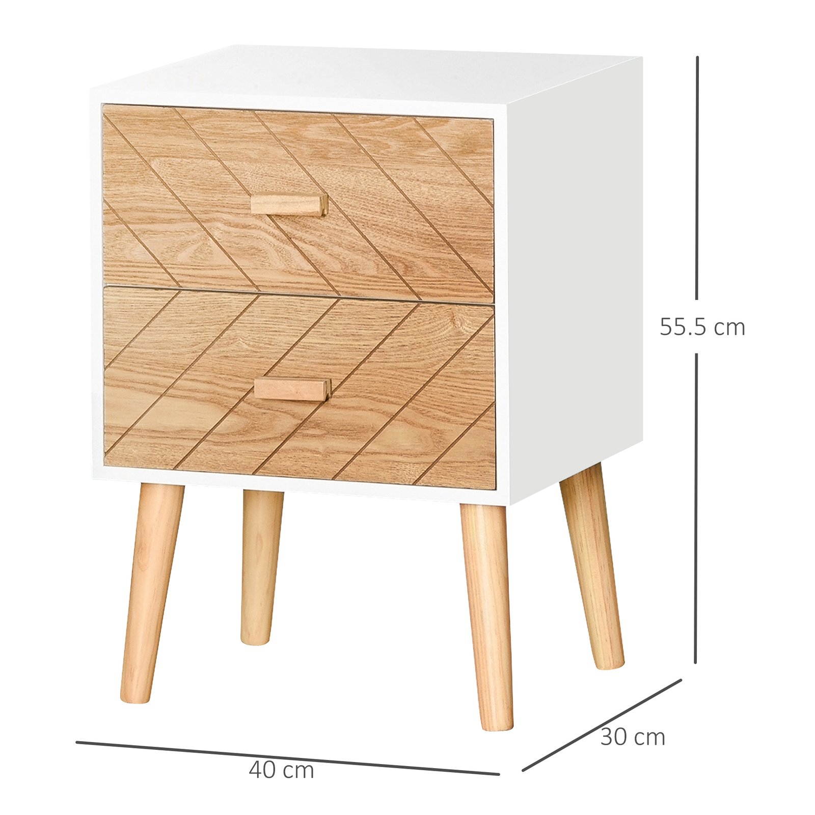 HOMCOM 2 Drawers Bedside Table with Pine Legs, Bedroom Wooden Storage Cabinet, Set of 2, Natural - Image 3