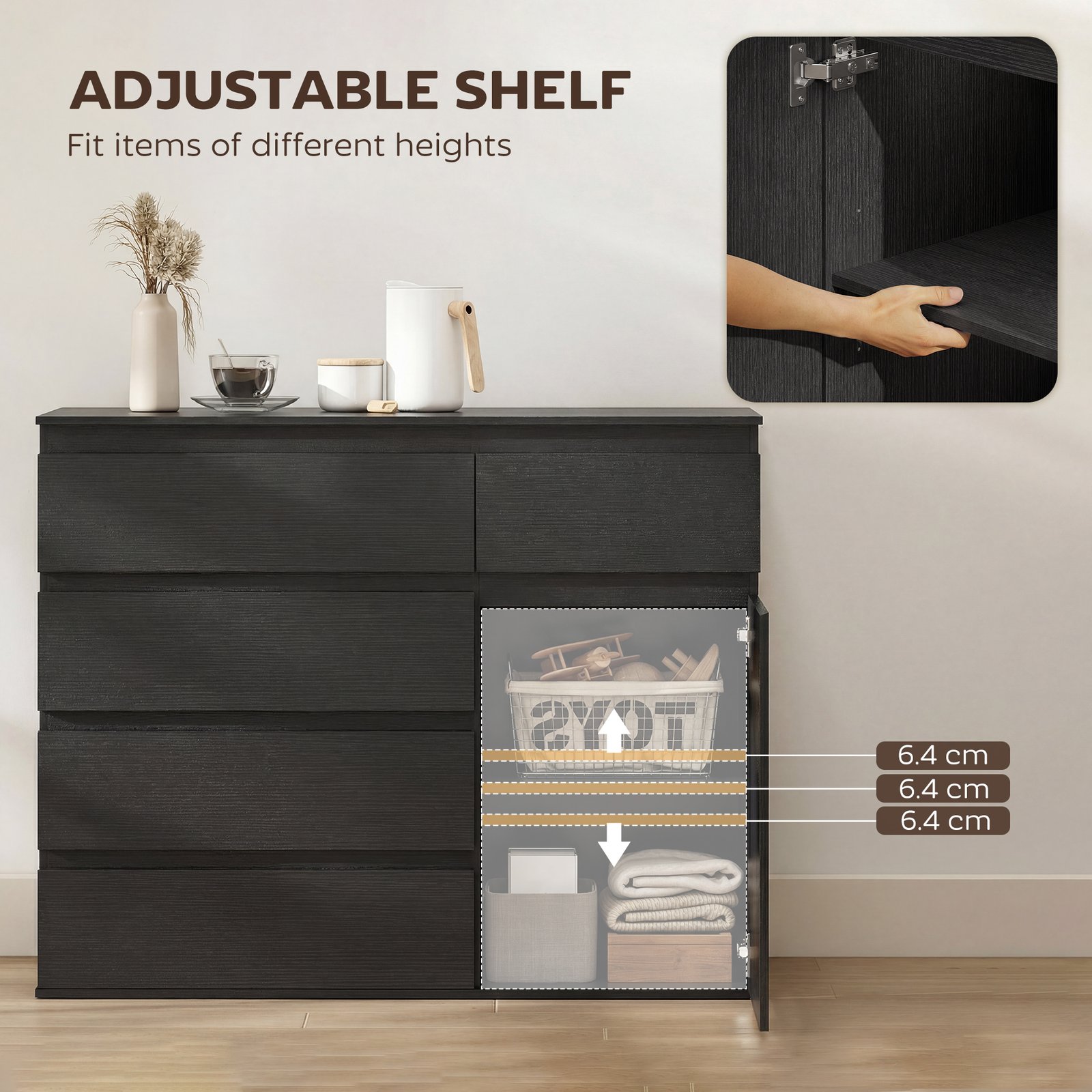 HOMCOM Modern Chest Of Drawers, 5 Drawer Dresser with Adjustable Shelf, Soft-Close Door, Black - Image 5