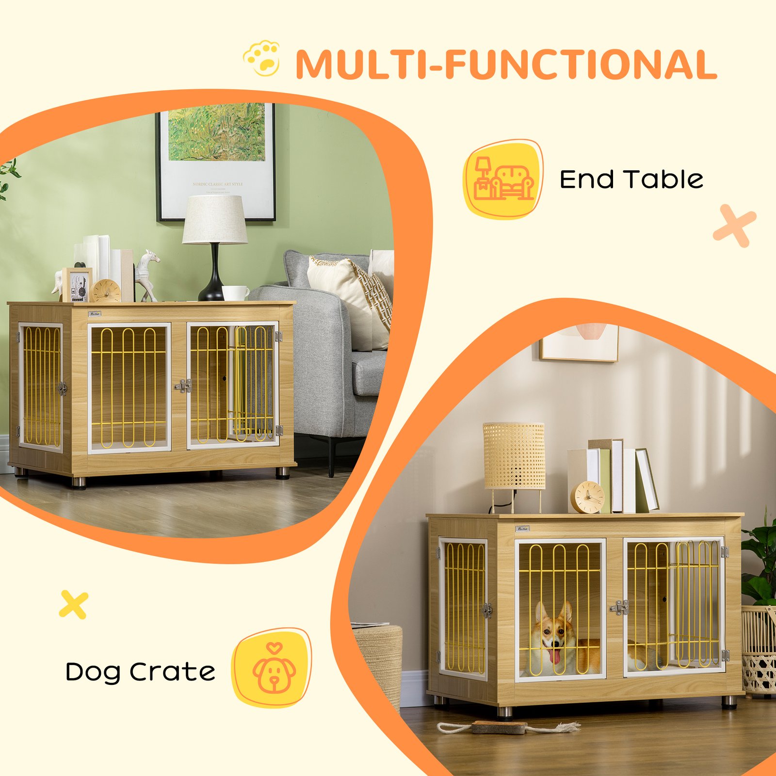 PawHut Dog Crate Furniture, Dog Cage End Table. with Soft Cushion, Double Door - Oak Tone - Image 5