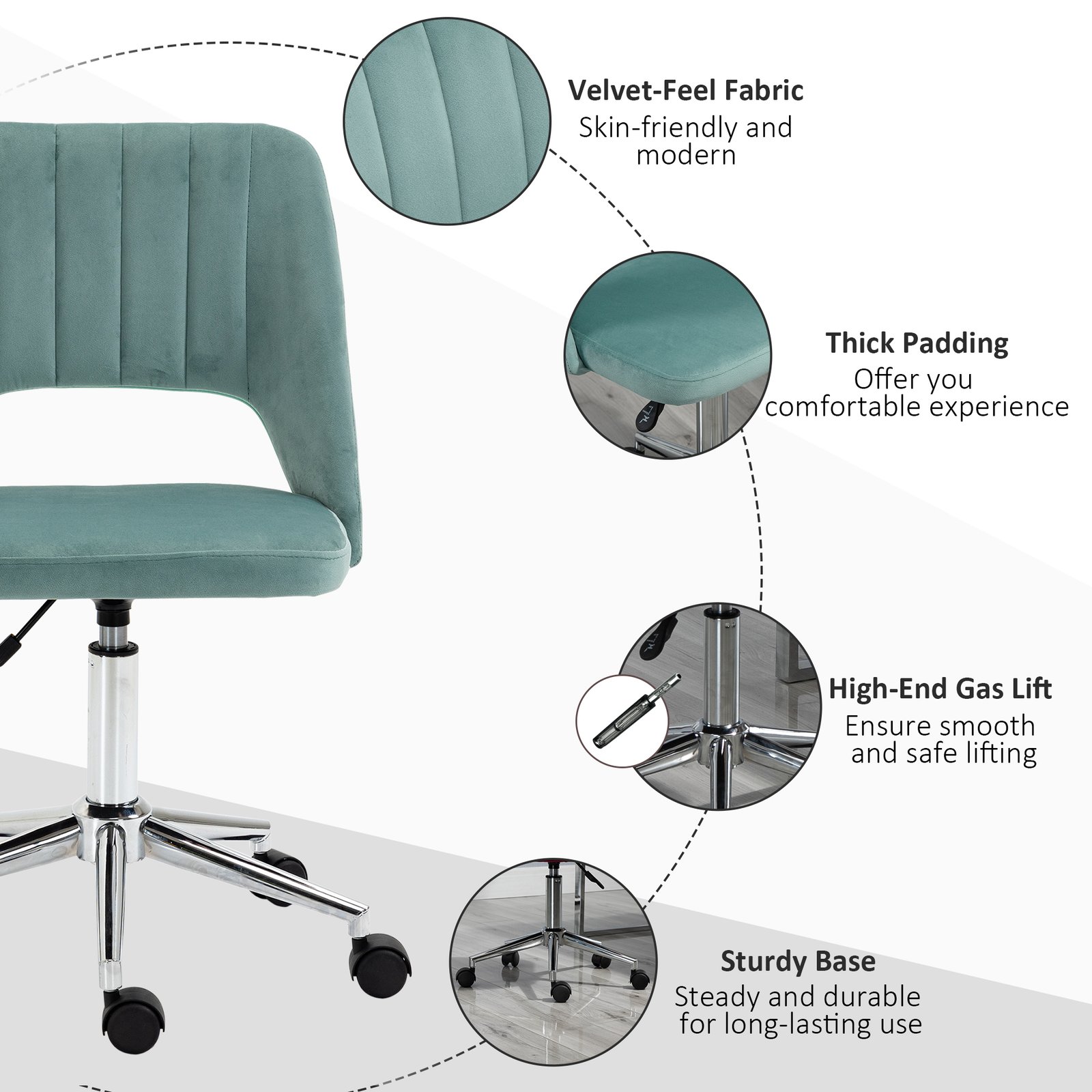 Vinsetto Mid Back Office Chair Velvet Fabric Swivel Scallop Shape Computer Desk Chair for Home Study Bedroom Green - Image 7