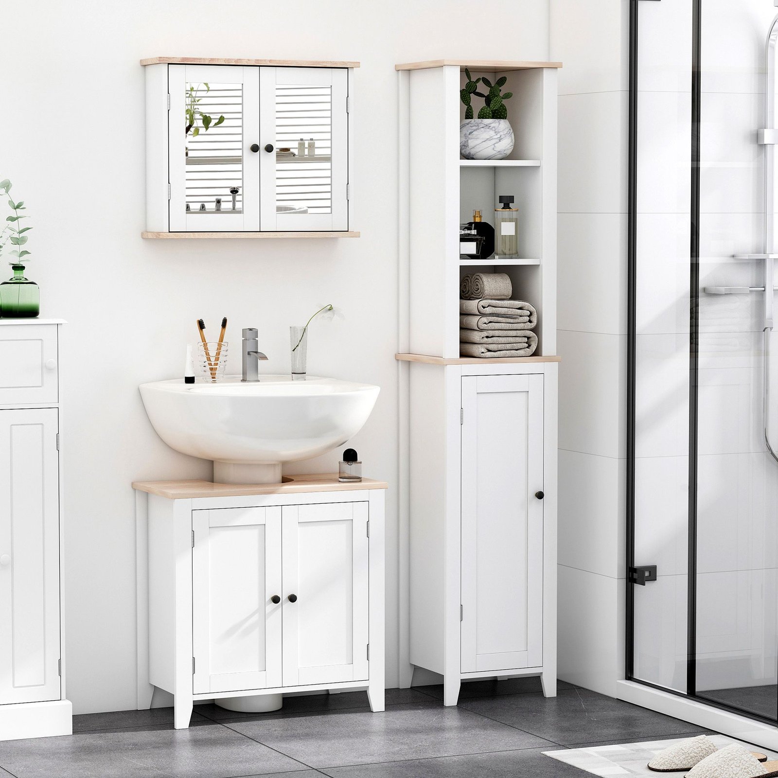 kleankin Bathroom Furniture Set, Mirror Cabinet Wall Mounted with Adjustable Shelf, Bathroom Sink Cabinet with Storage, White and Wood Grain - Image 2