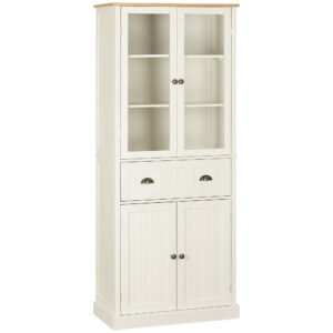 HOMCOM Freestanding Kitchen Cupboard, 5-tier Storage Cabinet with Adjustable Shelves and Drawer for Living Room, Dining Room, Cream White
