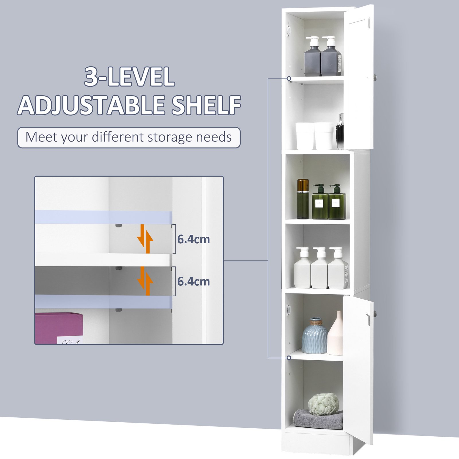 kleankin Tall Bathroom Storage Cabinet with Mirror, Freestanding Floor Cabinet Tallboy Unit with Adjustable Shelves, White - Image 8