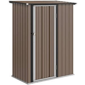 Outsunny 5ft x 3ft Garden Storage Shed, Galvanised Outdoor Metal Shed Waterproof with Sloped Roof, Lockable Door for Patio Tools, Equipment, Brown