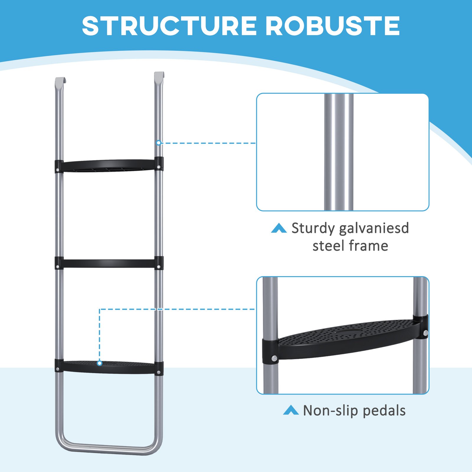 SPORTNOW Galvanised Steel Trampoline Ladder, 2 Steps/3 Steps Outdoor Trampoline Accessories for 6ft, 8ft, 10ft, 12ft, 13ft, 14ft, 16ft Trampoline, 110L x 32Wcm, Silver Tone - Image 5