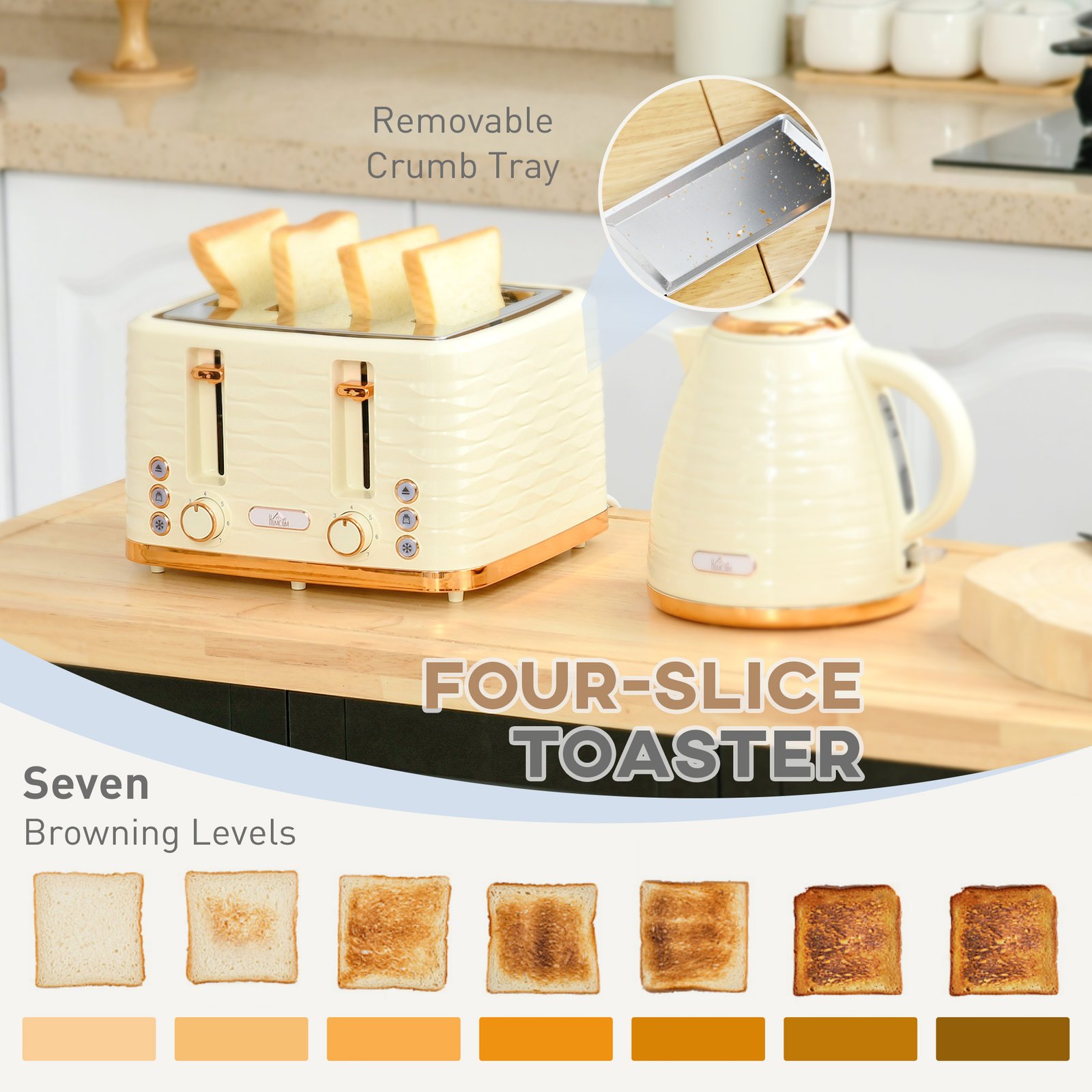 HOMCOM 3000W 1.7L Rapid Boil Kettle & 4 Slice Toaster, Kettle and Toaster Set with 7 Browning Controls and Crumb Tray, Beige - Image 5
