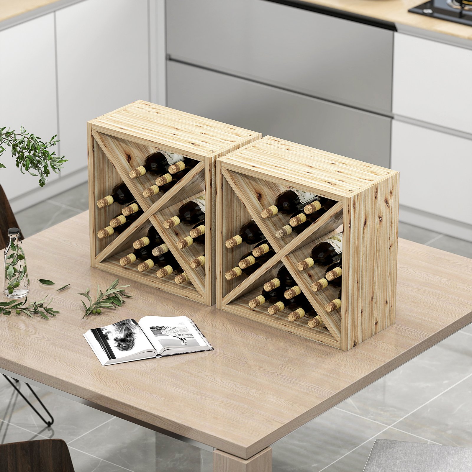 HOMCOM Set of 2 Wooden Wine Rack, X-Shaped Square Tabletop Storage Holder for 24 Bottle, Natural Wood - Image 2